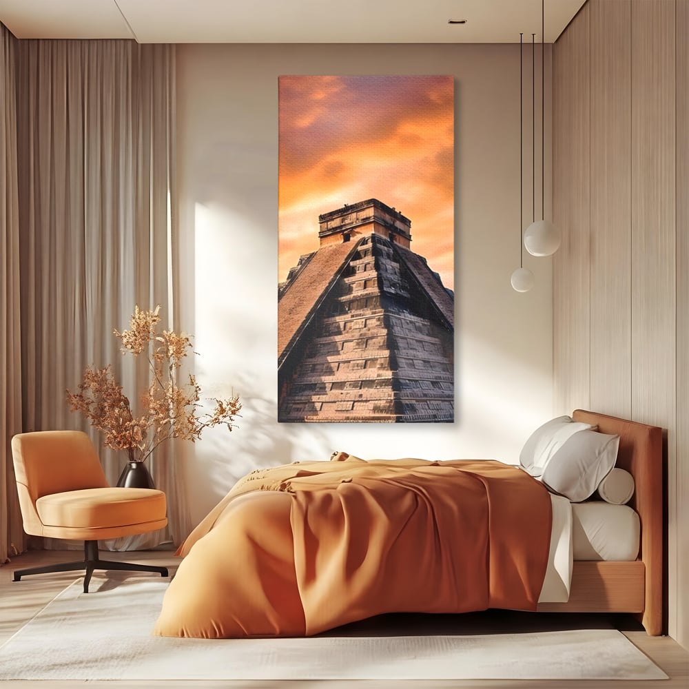 Tablou canvas cu tablou canvas cu piramida mayasa, fara rama, pe sasiu de lemn, pe perete intr-un dormitor